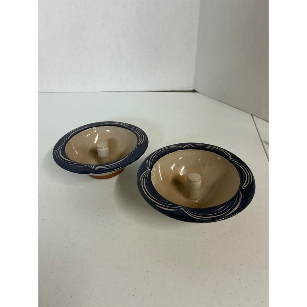 Rick Dillingham Studio Pottery Apple Bakers Set of 2 Blue Etched Ceramic Bowls